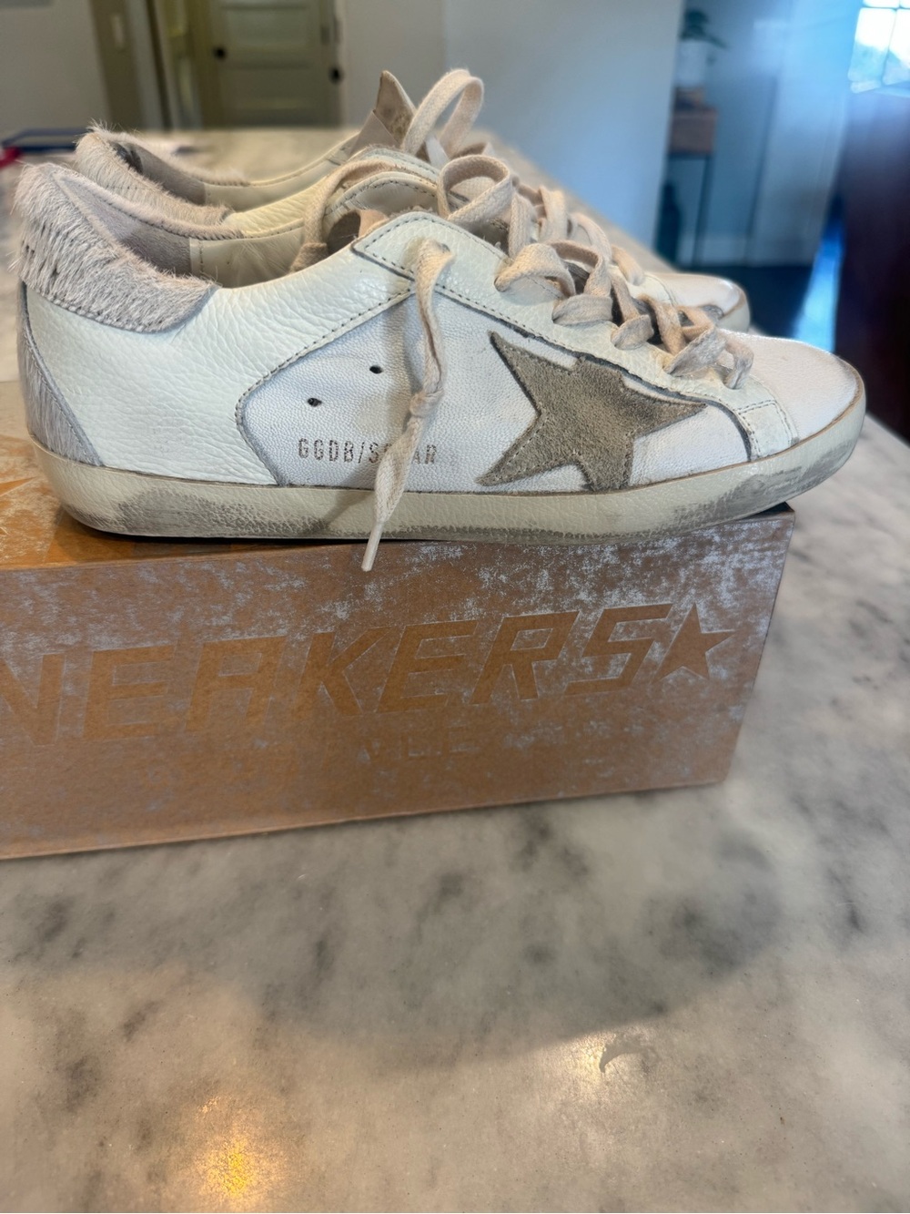 Golden Goose Women’s White Leather Sneakers with Gray Star Accent 37